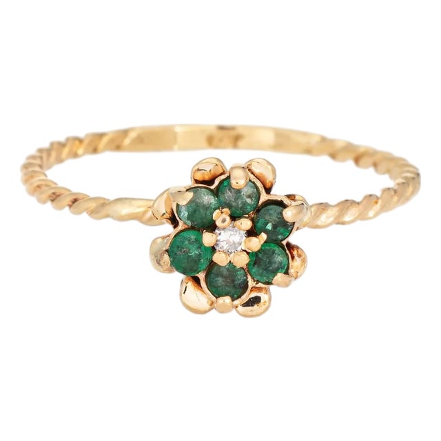Emerald Diamond Tulip Ring Sz 5.5 Vintage 14k Yellow Gold Stacking Band Jewelry For Sale