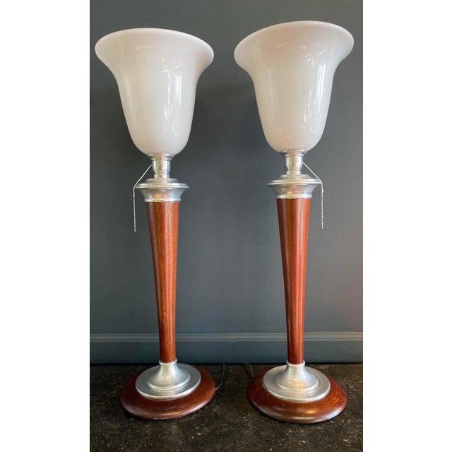 Pair of rare 1930s Art Deco Mazda lamps with original Mazda Lamps Factory stamp. Made in France. They feature an opaque...