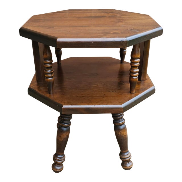 Mid Century Antiqued Pine Two-Tier Octogonal Side Table For Sale