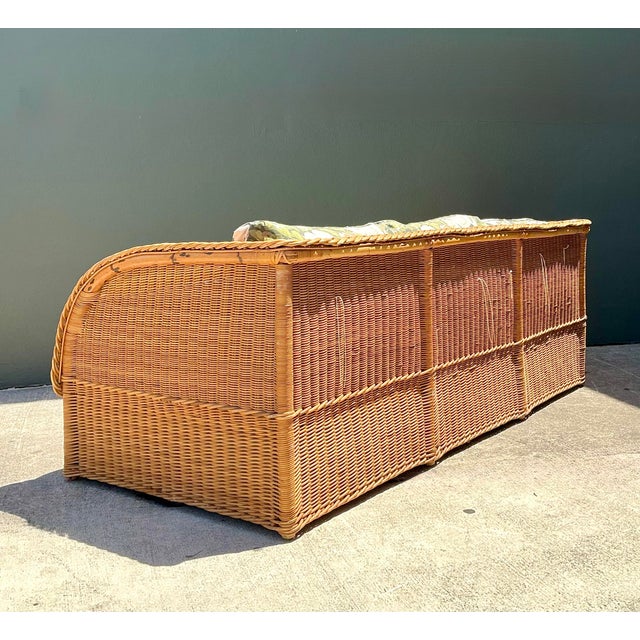 Vintage Braided Rattan Magnolia Print Sofa For Sale - Image 4 of 12