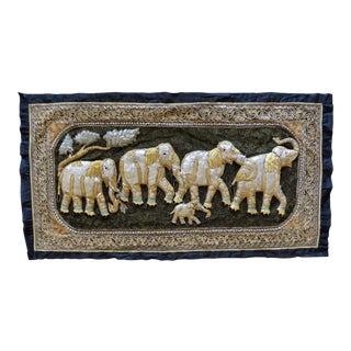 Vintage Burmese Thai Embroidered Tapestry Herd of Elephants With Beads and Sequins For Sale