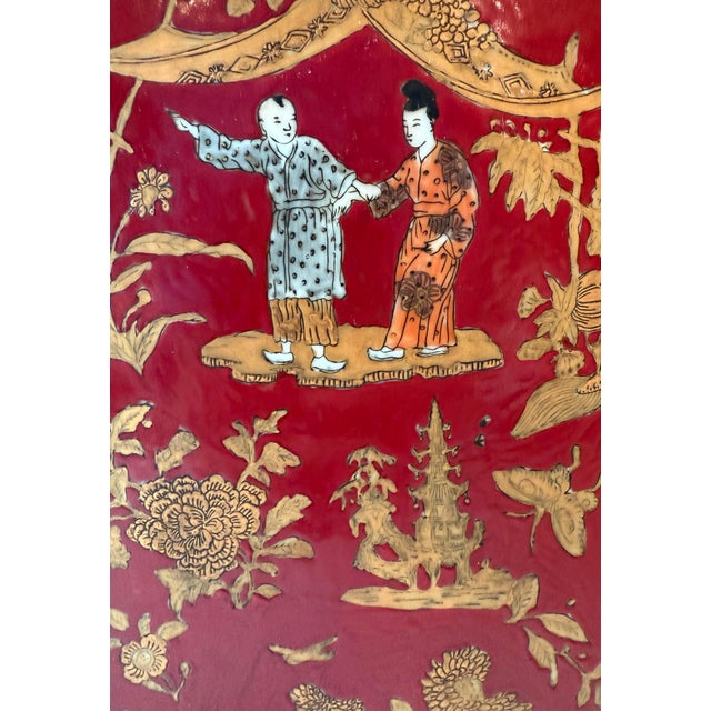 Wood Vintage Hand Painted Red Chinoiserie Table Lamp For Sale - Image 7 of 9