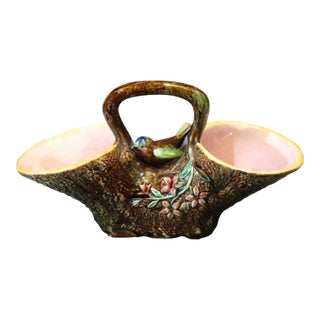 Circa 1890 Continental Majolica Bird on Tree Trunk Form Basket Planter For Sale