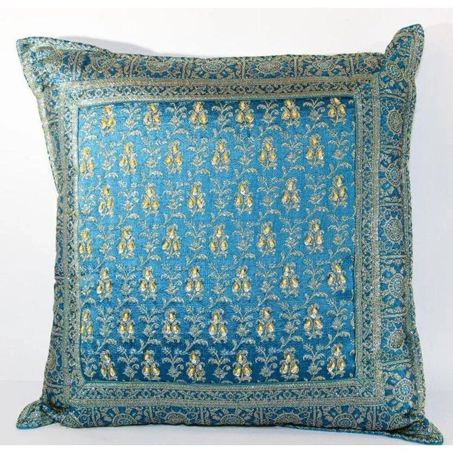 Islamic Turquoise Mughal Style Decorative Throw Pillow Embellished With Sequins and Beads For Sale - Image 3 of 13