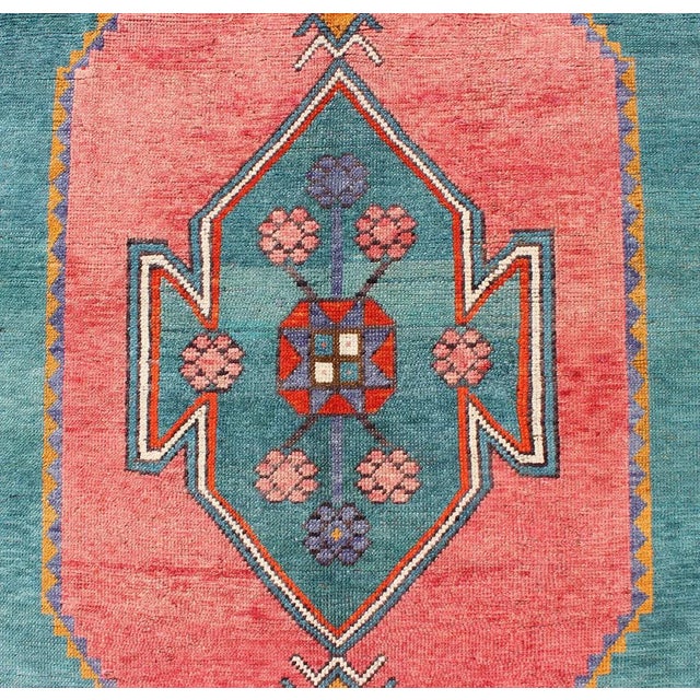 Mid 20th Century Tribal Design Vintage Turkish Rug in Teal, Blue, Green, Charcoal & Coral For Sale - Image 5 of 8