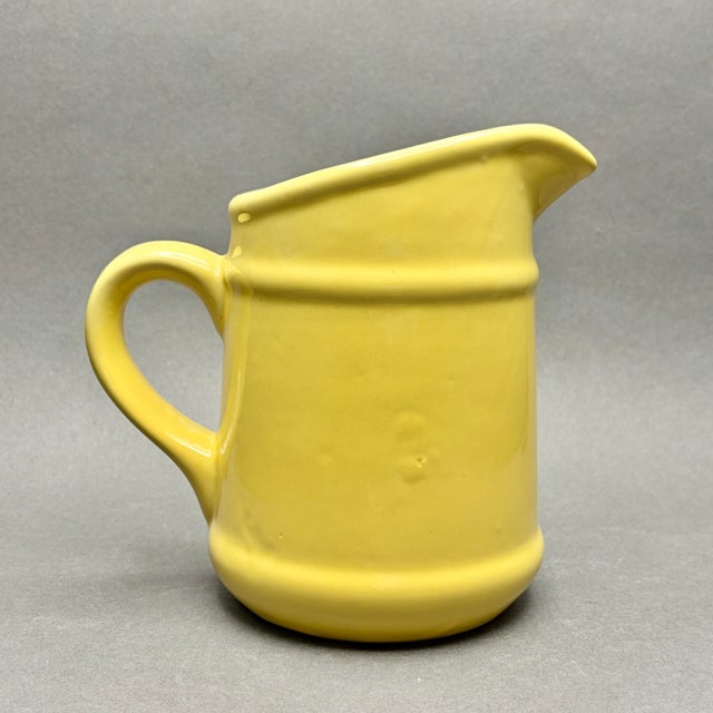 Shabby Chic Vintage Yellow Ceramic Pitcher With Stylized Tulip Motif Art Pottery Pitcher For Sale - Image 3 of 9