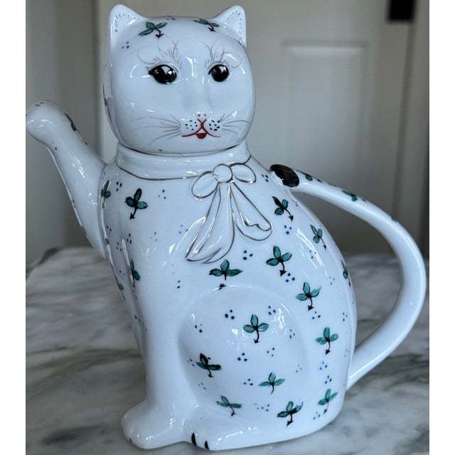 1970’s Blue & Green Accent Lucky Cat Motif Tea Pot For Sale In Seattle - Image 6 of 13