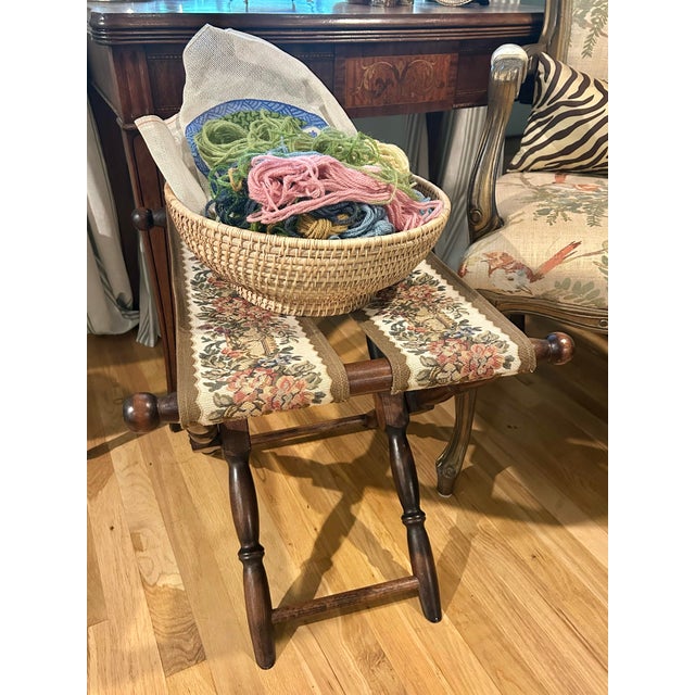 Vintage French Beechwood and Tapestry Folding Luggage Rack For Sale In New Orleans - Image 6 of 12