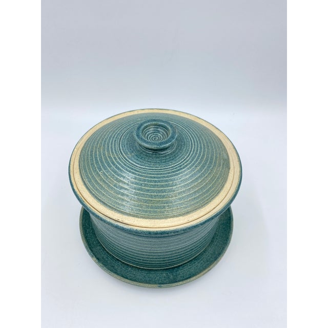 Vintage Studio Pottery Covered Berry Bowl With Lid and Drip Plate, Blue Green Ceramic Colander, Signed Handmade Produce Keeper For Sale - Image 4 of 13
