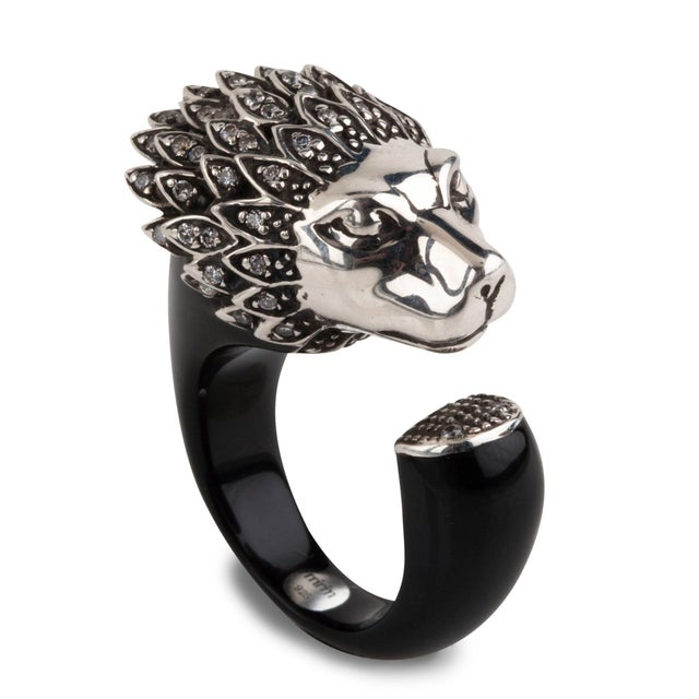 Miriam Salat Lion Head Art Deco Sterling Silver Black Resin & White Topaz Ring For Sale - Image 18 of 18
