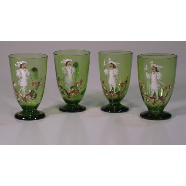 Tea Glass Cups Karl Moser Style Hand Panted Enamel Renaissance Guardsmen Green - Set of 4 For Sale - Image 16 of 17