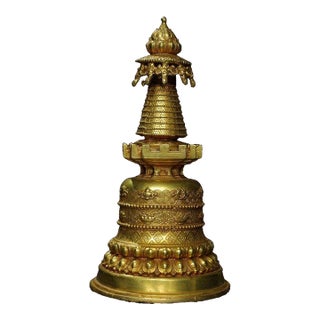 Vintage Tibetan Gilt Bronze Stupa - Gemstone Inlaid Buddhist Reliquary Pagoda For Sale