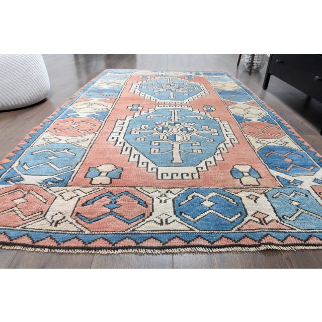 Turkish 1970s Vintage Turkish Handmade Wool Cotton Orange Blue Area Rug For Sale - Image 3 of 11
