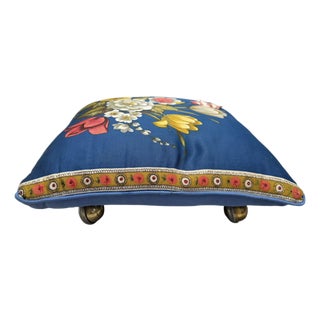 Vintage Floral Upholstered Footstool on Brass Ball Casters For Sale