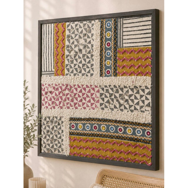 Mid-Century Modern Boho Mosaic Block Printed Embroidered Wall Frame For Sale - Image 3 of 3