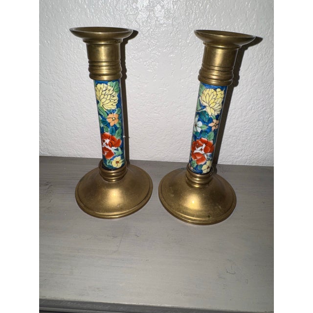Late 20th Century Vintage Chinoiserie Brass and Cloisonné Enamel Candlestick Holders - Pair For Sale - Image 4 of 9