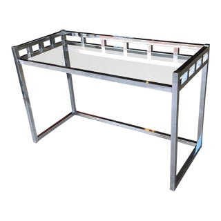 1970s Willy Rizzo–Style Chrome & Glass Writing Desk | Geometric Hollywood Regency Console Table For Sale