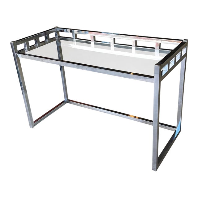 1970s Willy Rizzo–Style Chrome & Glass Writing Desk | Geometric Hollywood Regency Console Table For Sale