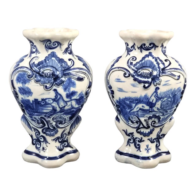 Antique French Blue and White Faience Vases from Desvres, Fourmaintraux-Courquin, 1880s, Set of 2 For Sale