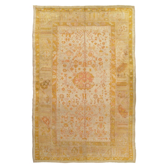 Antique Oushak Carpet, Handmade Oriental Rug, Pale Blue Green, Yellow, Coral Rug For Sale - Image 17 of 18