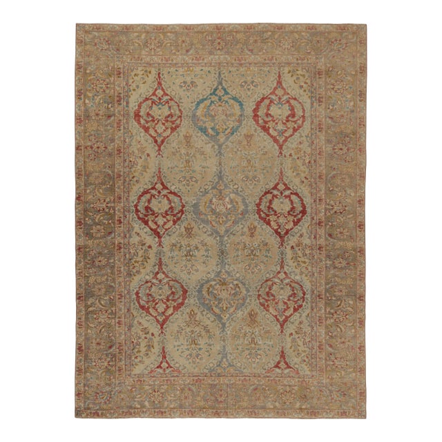 1920s Antique Persian Tabriz Rug in Beige With Red and Blue Floral Patterns For Sale