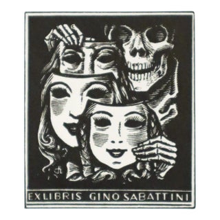 1959 Italian Engraving Bookplate (Ex Libris), Skeleton With Masks (Matted) For Sale