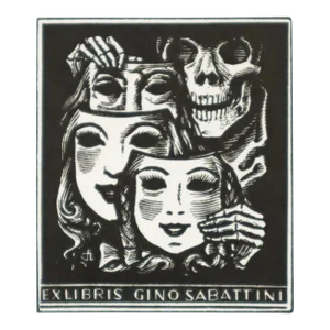1959 Italian Engraving Bookplate (Ex Libris), Skeleton With Masks (Matted)