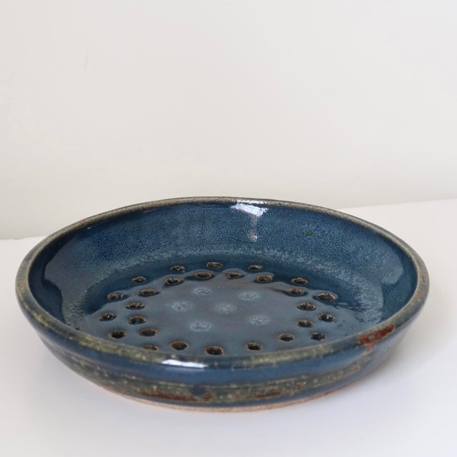 Cerulean Signed Studio Pottery Ceramic Colander Dish in Mottled Blue Glaze For Sale - Image 8 of 15