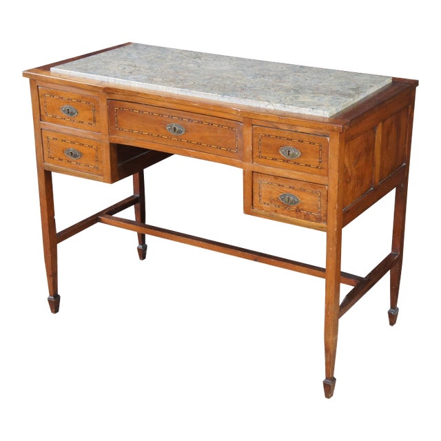 Antique American Sheraton Inlaid Mahogany Marble Top Writing Desk Library Table For Sale