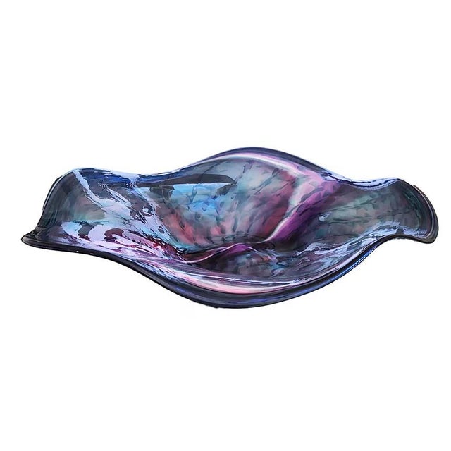2020s Huge 25" Hand-Blown Art Glass Wave Bowl Signed by H. Jensen & Wildfire 3 Views For Sale - Image 5 of 11
