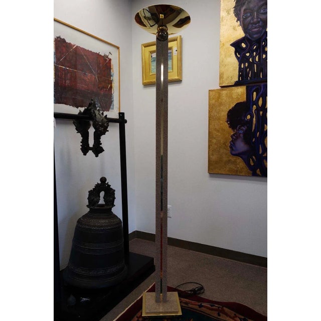 Art Deco Late 20th Century Art Deco Style Postmodern Brass & Neutral Toned Stone Torchiere Lamp For Sale - Image 3 of 9