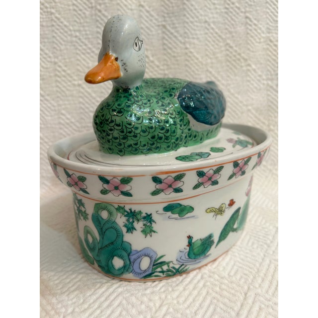 Vintage Hand Painted Chinoiserie Duck Tureen or Covered Dish For Sale - Image 4 of 12