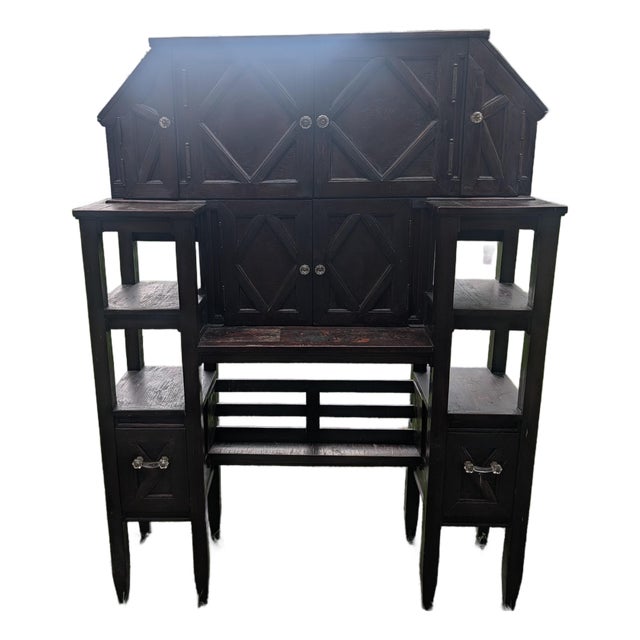 Vintage Arts & Crafts Geometric Smoking Cabinet & Pipe Rack Etagere Console For Sale