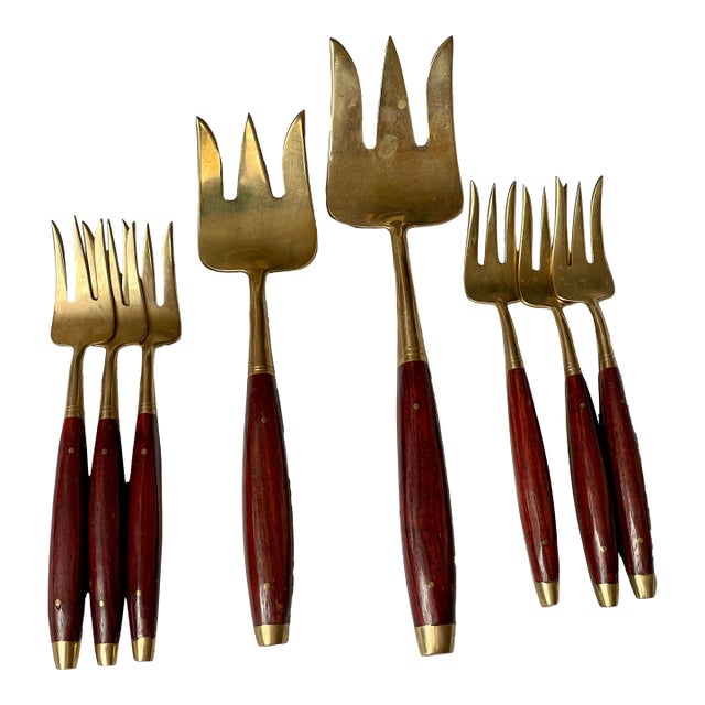 Mid 20th Century Rosewood & Brass Service for 6 Desert Fish Serving Forks Set 8 Pieces Flatware For Sale