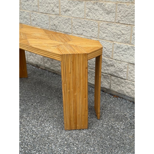 Mid 20th Century Vintage Palm Beach Pencil Reed Console With Geometric Inlaid Top in Style of McGuire For Sale - Image 5 of 12