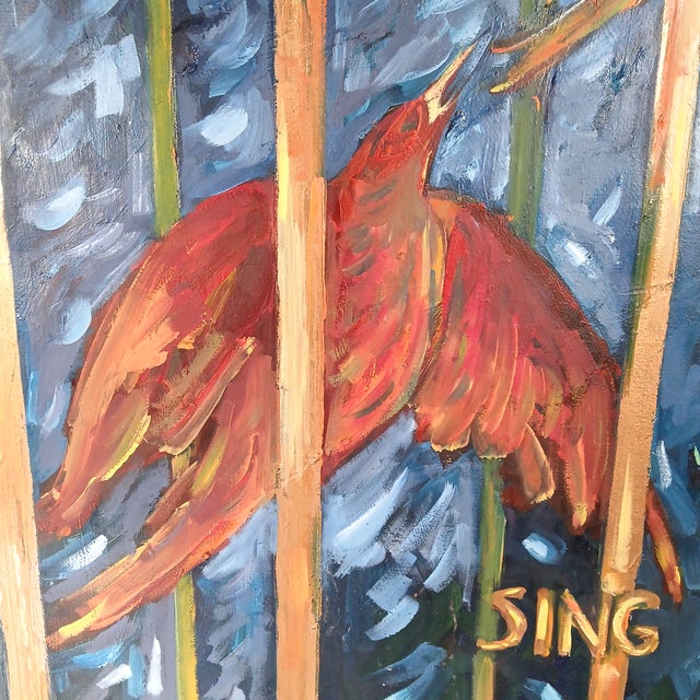 Florence Alfano McEwin Oil Painting Titled "Sing?" 2001 Signed Birds in Gold Cage For Sale In New York - Image 6 of 10