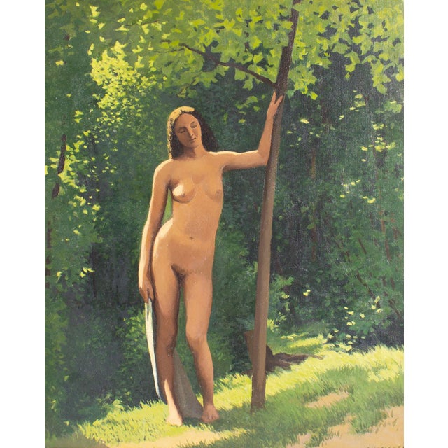 A 1960 oil on canvas painting by Italian-American artist Bruno Civitico (1942-2019). A nude female figure is depicted in a...