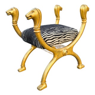 Egyptian Revival Gilded Horse-Head Curule Chair With Zebra Upholstery, Italy, 1970s–1980s For Sale