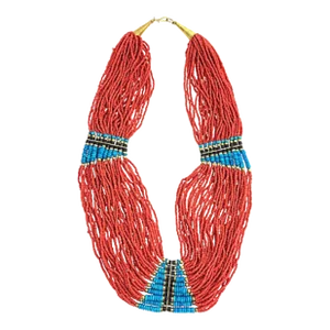 Costume Faux Turquoise and Coral Multi-Strand Ethnic Beaded Statement Necklace