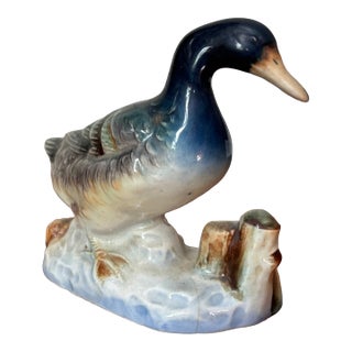 Mid 20th Century Japanese Blue Porcelain Duck Figurine For Sale
