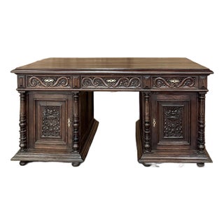 Antique French Neoclassical Henri II Oak Partner's Desk For Sale