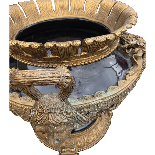 Neoclassical Mid 20th Century Large Neoclassical Black & Gilt Urn Centerpiece Bowl With Figural Handles For Sale - Image 3 of 9