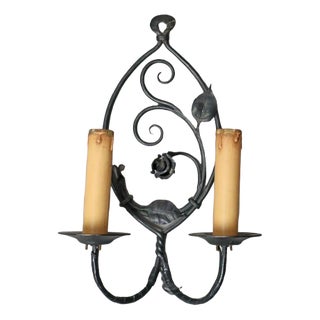 Wrought Iron Wall Lamp with Flower Motif, 1950s For Sale