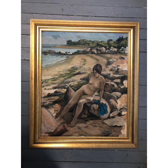 Tan Original Vintage Modernist Female Nude at the Beach For Sale - Image 8 of 8