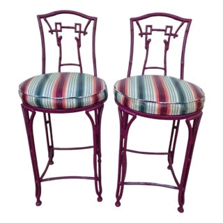 2 Vintage Chinese Chippendale Regency Side Chair Counter Stools Aluminum Bamboo For Sale
