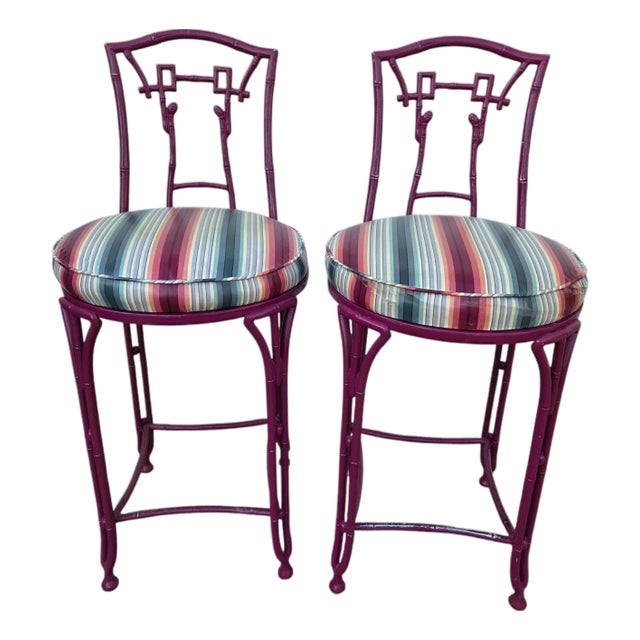 2 Vintage Chinese Chippendale Regency Side Chair Counter Stools Aluminum Bamboo For Sale