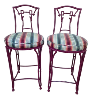 2 Vintage Chinese Chippendale Regency Side Chair Counter Stools Aluminum Bamboo