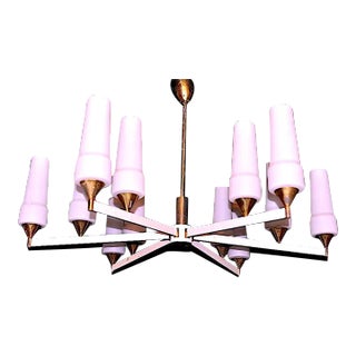 Stilnovo, Modernist White and Brass Chandelier, Italy Mid-Century For Sale