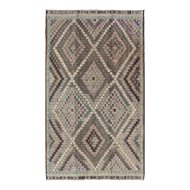 Mid 20th Century Mid 20th Century Vintage Turkish Flat Weave With Diamond Design in Gray Black Lavender & Green For Sale