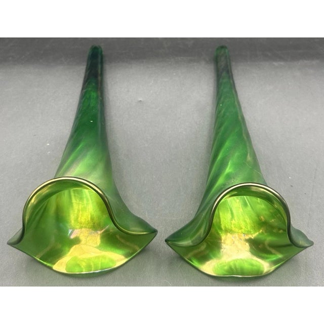 Antique Victorian Glass Epergne Trumpet Horn Vase Green Opaline Metal Base Pair For Sale - Image 13 of 17